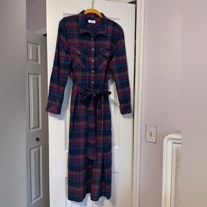 UNTUCKit for Her Plaid Brushed Flannel Navy, Cranberry, Gold Shirt Dress- 12
